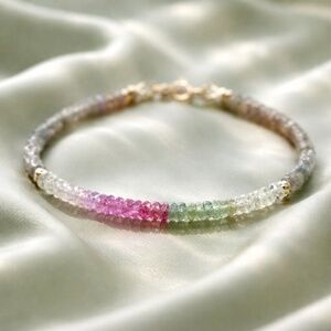 Natural Labradorite Green Pink Sapphire Bracelet Solid 14K Yellow Gold , 7.3"